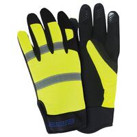 428-010 Mechanics Glove with reflective stripes on glove back. Hi Viz Lime. 7 (SM).
